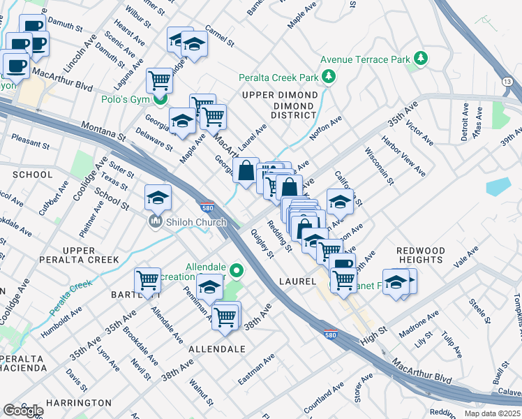 map of restaurants, bars, coffee shops, grocery stores, and more near 3501 35th Avenue in Oakland