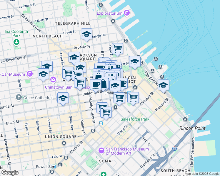 map of restaurants, bars, coffee shops, grocery stores, and more near 260 California Street in San Francisco