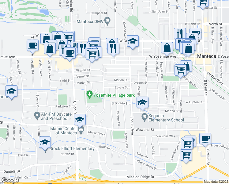 map of restaurants, bars, coffee shops, grocery stores, and more near 515 Mulberry Circle in Manteca