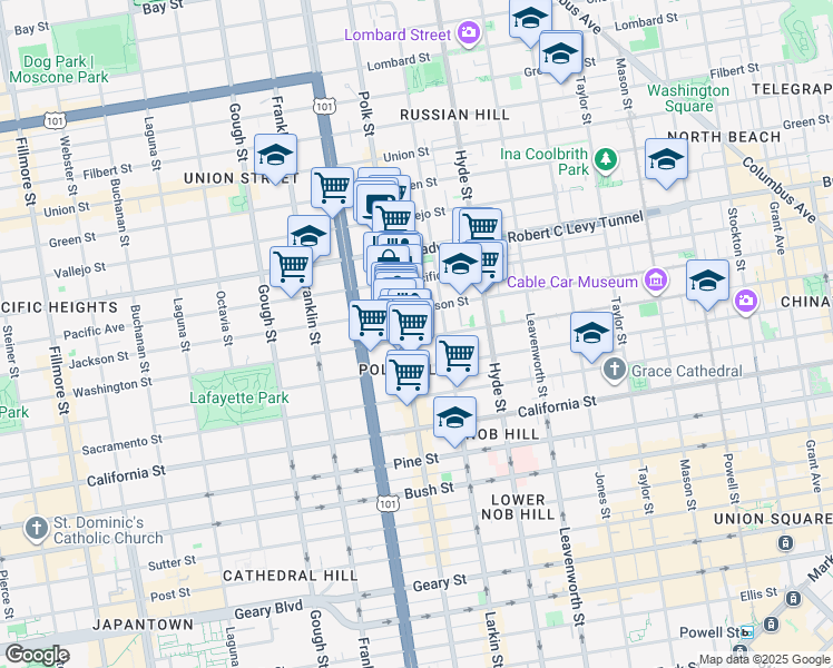 map of restaurants, bars, coffee shops, grocery stores, and more near 1668 Washington Street in San Francisco