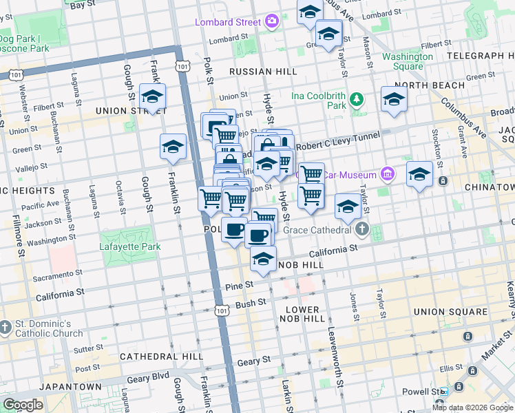 map of restaurants, bars, coffee shops, grocery stores, and more near Washington Street & Larkin Street in San Francisco