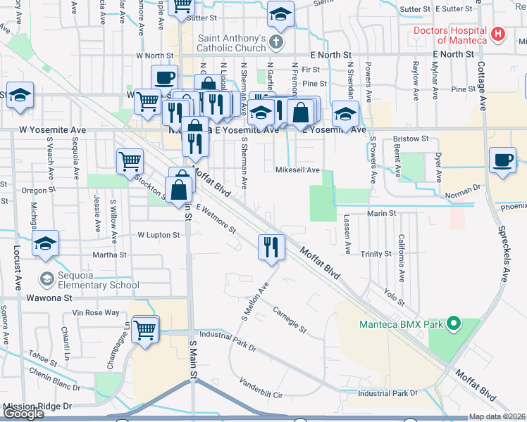 map of restaurants, bars, coffee shops, grocery stores, and more near 453 Moffat Boulevard in Manteca