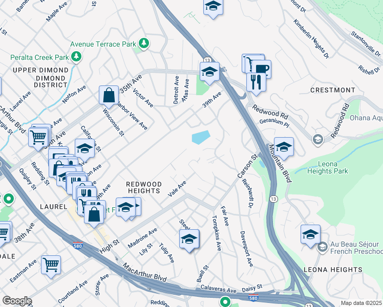 map of restaurants, bars, coffee shops, grocery stores, and more near 4291 Maybelle Avenue in Oakland