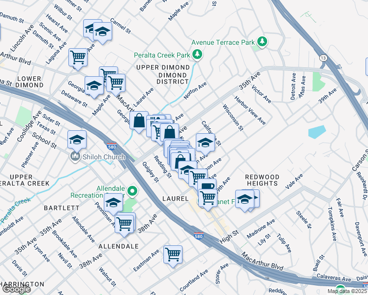 map of restaurants, bars, coffee shops, grocery stores, and more near 3525 Kansas Street in Oakland