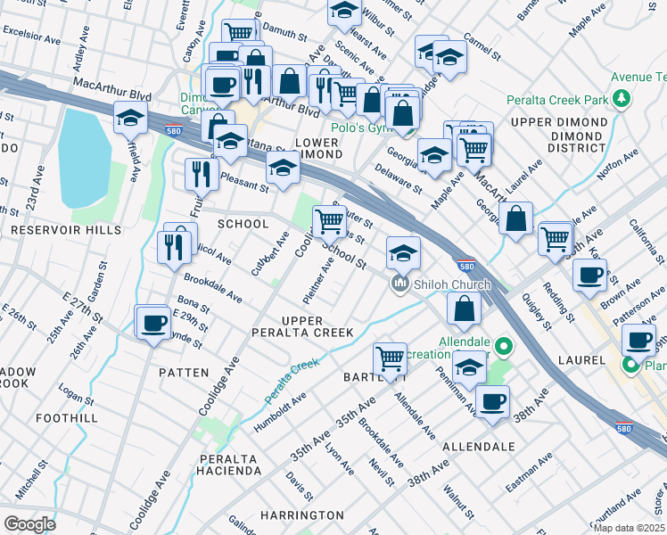 map of restaurants, bars, coffee shops, grocery stores, and more near 3108 School Street in Oakland