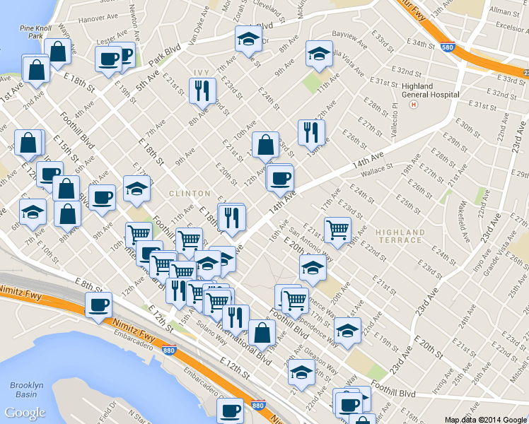 map of restaurants, bars, coffee shops, grocery stores, and more near 2026 13th Avenue in Oakland