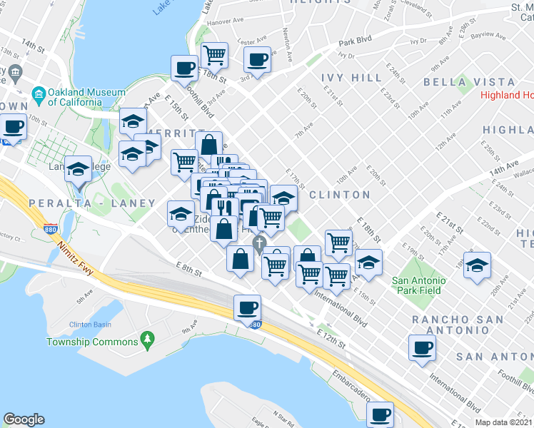 map of restaurants, bars, coffee shops, grocery stores, and more near 814 East 15th Street in Oakland