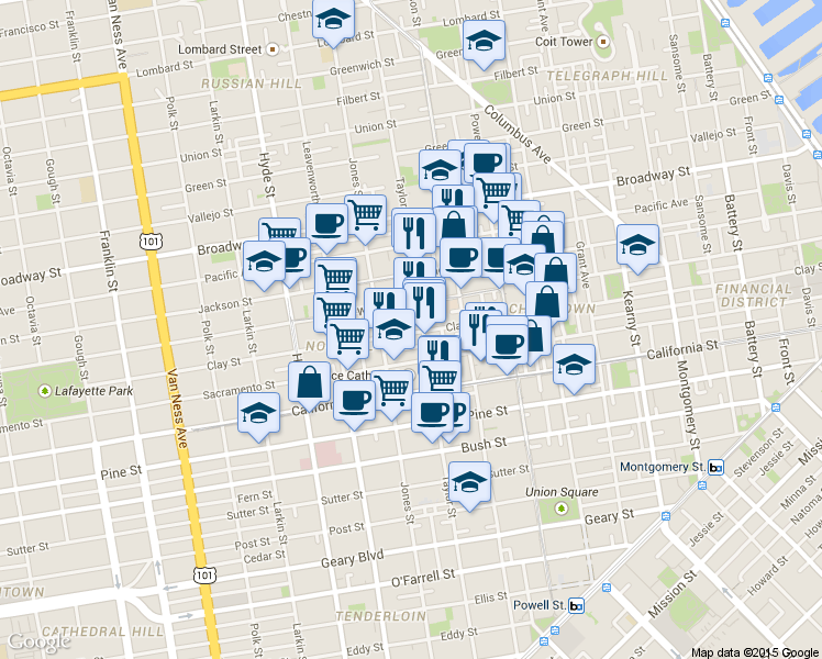 map of restaurants, bars, coffee shops, grocery stores, and more near in San Francisco