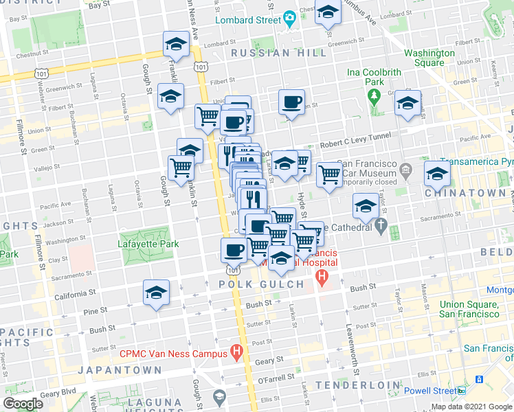 map of restaurants, bars, coffee shops, grocery stores, and more near 1958 Polk Street in San Francisco