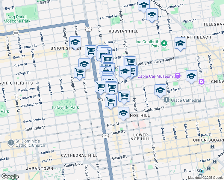 map of restaurants, bars, coffee shops, grocery stores, and more near 1958 Polk Street in San Francisco