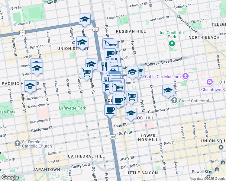 map of restaurants, bars, coffee shops, grocery stores, and more near 1653 Jackson Street in San Francisco