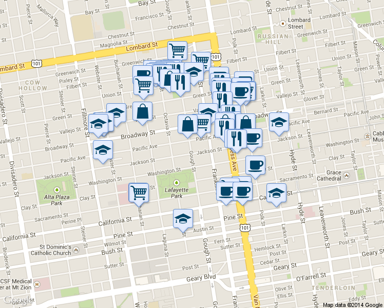 map of restaurants, bars, coffee shops, grocery stores, and more near in San Francisco