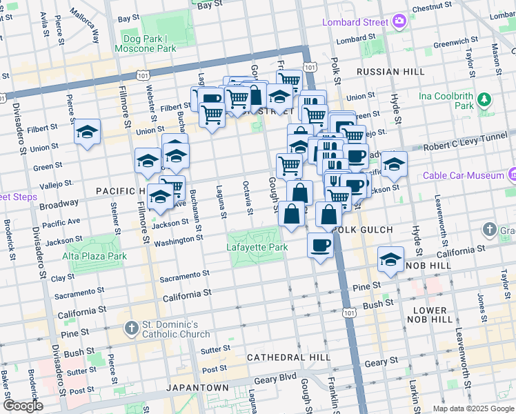 map of restaurants, bars, coffee shops, grocery stores, and more near 1935 Pacific Avenue in San Francisco