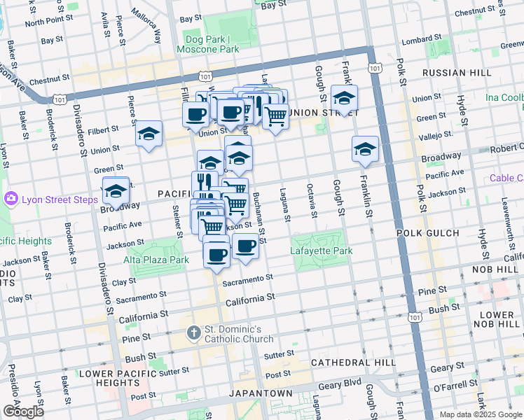 map of restaurants, bars, coffee shops, grocery stores, and more near 2602 Buchanan Street in San Francisco