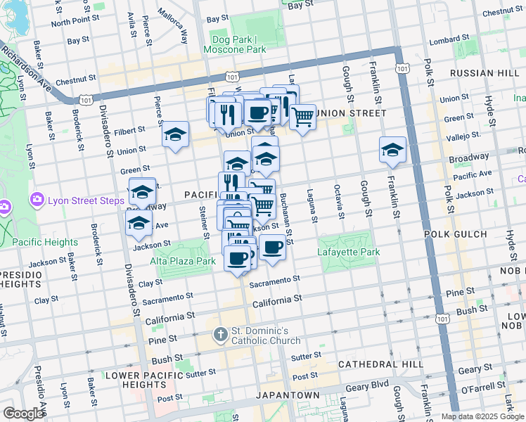 map of restaurants, bars, coffee shops, grocery stores, and more near 2298 Pacific Avenue in San Francisco