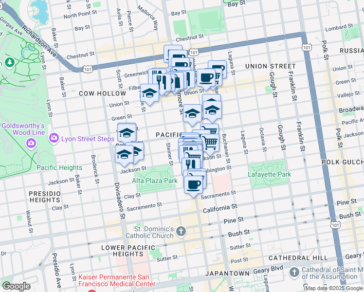map of restaurants, bars, coffee shops, grocery stores, and more near 2361 Broadway in San Francisco