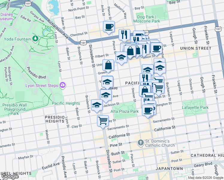 map of restaurants, bars, coffee shops, grocery stores, and more near 2536 Broadway in San Francisco