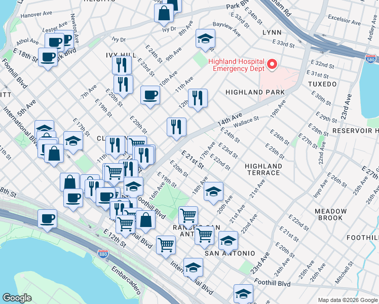 map of restaurants, bars, coffee shops, grocery stores, and more near 1600 East 21st Street in Oakland