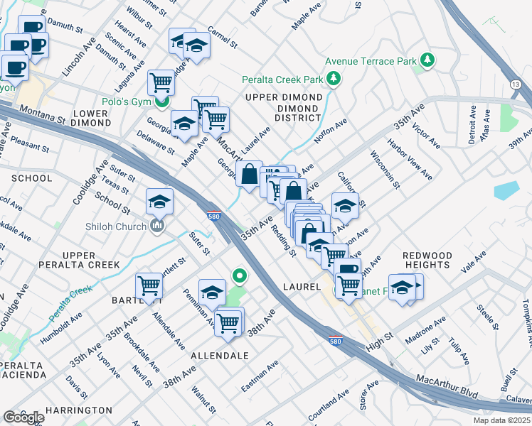map of restaurants, bars, coffee shops, grocery stores, and more near 3501 35th Avenue in Oakland