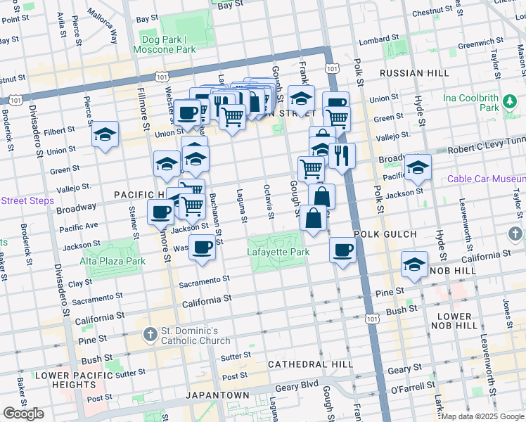 map of restaurants, bars, coffee shops, grocery stores, and more near 2020 Jackson Street in San Francisco