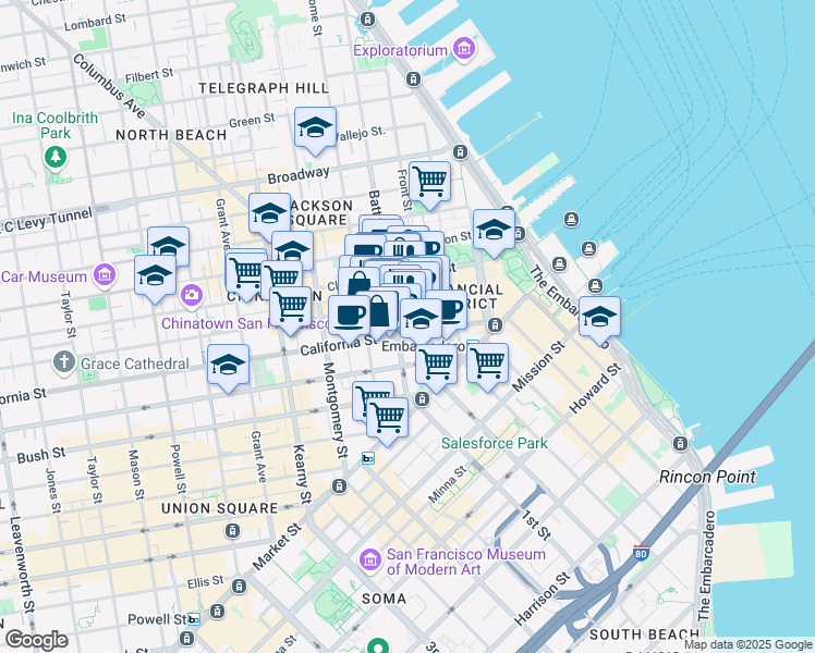 map of restaurants, bars, coffee shops, grocery stores, and more near 244 California Street in San Francisco