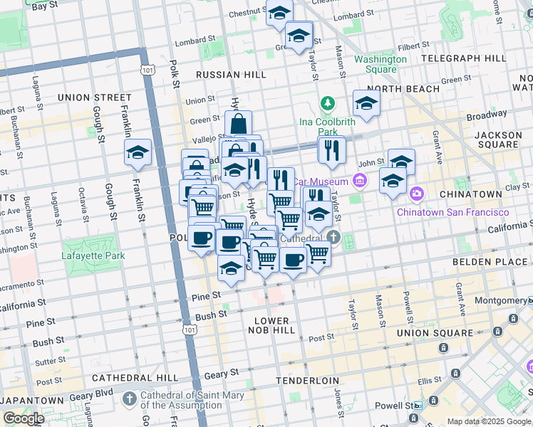 map of restaurants, bars, coffee shops, grocery stores, and more near 1449 Washington Street in San Francisco