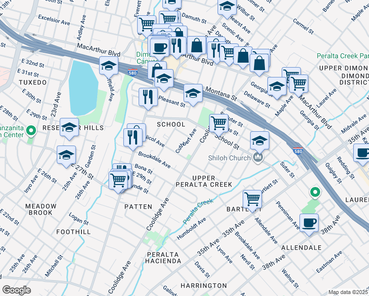map of restaurants, bars, coffee shops, grocery stores, and more near 3146 Cuthbert Avenue in Oakland
