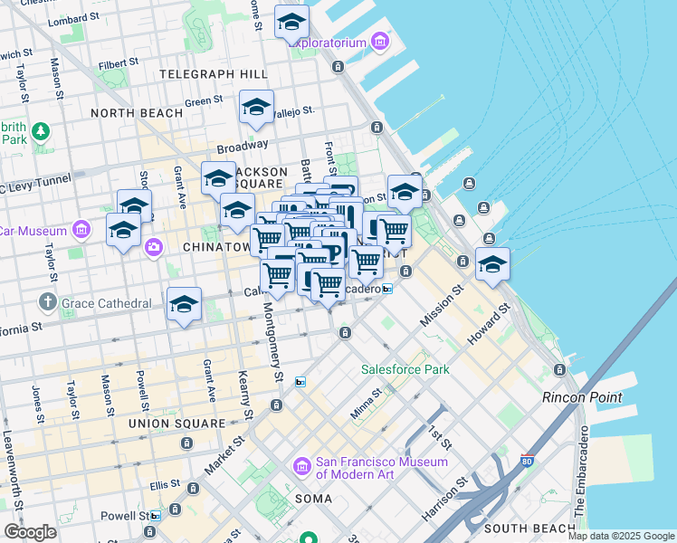 map of restaurants, bars, coffee shops, grocery stores, and more near 300 Battery Street in San Francisco
