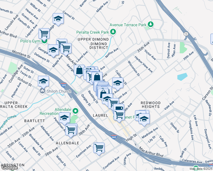 map of restaurants, bars, coffee shops, grocery stores, and more near 3607 Kansas Street in Oakland