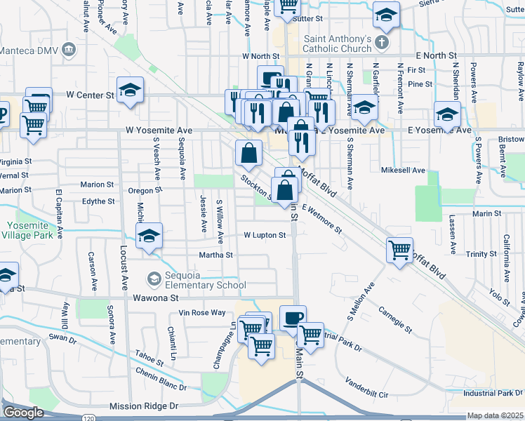 map of restaurants, bars, coffee shops, grocery stores, and more near 142 West Wetmore Street in Manteca