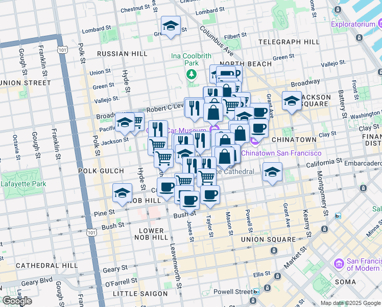 map of restaurants, bars, coffee shops, grocery stores, and more near 1235 Washington Street in San Francisco