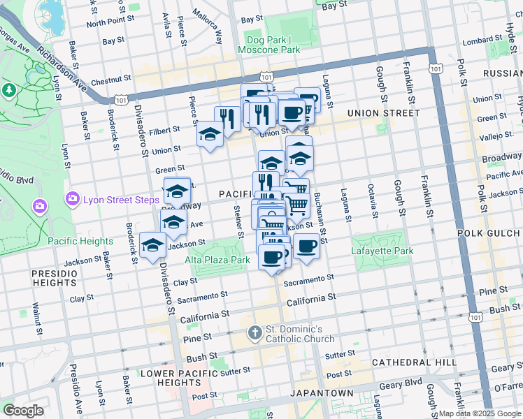 map of restaurants, bars, coffee shops, grocery stores, and more near 2400 Pacific Avenue in San Francisco