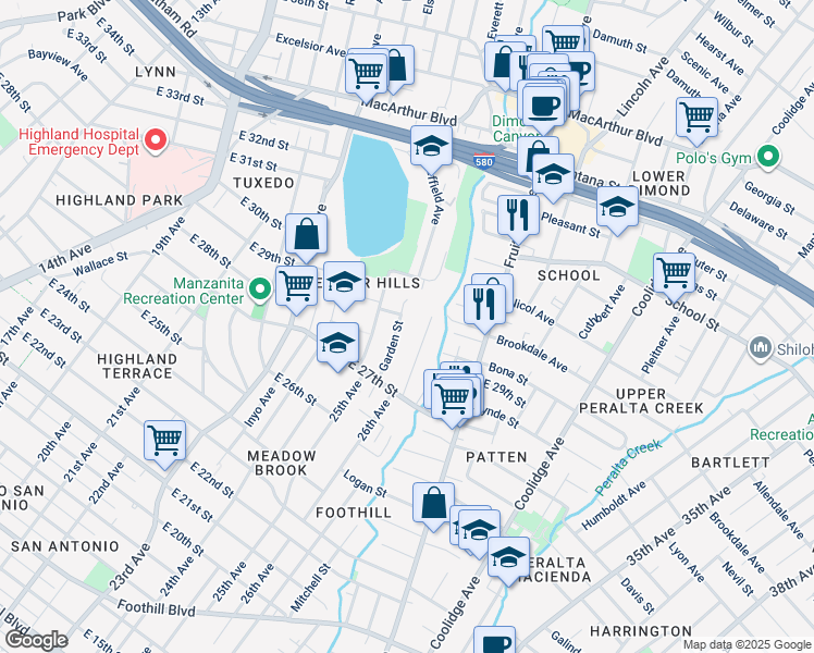 map of restaurants, bars, coffee shops, grocery stores, and more near 2794 Garden Street in Oakland