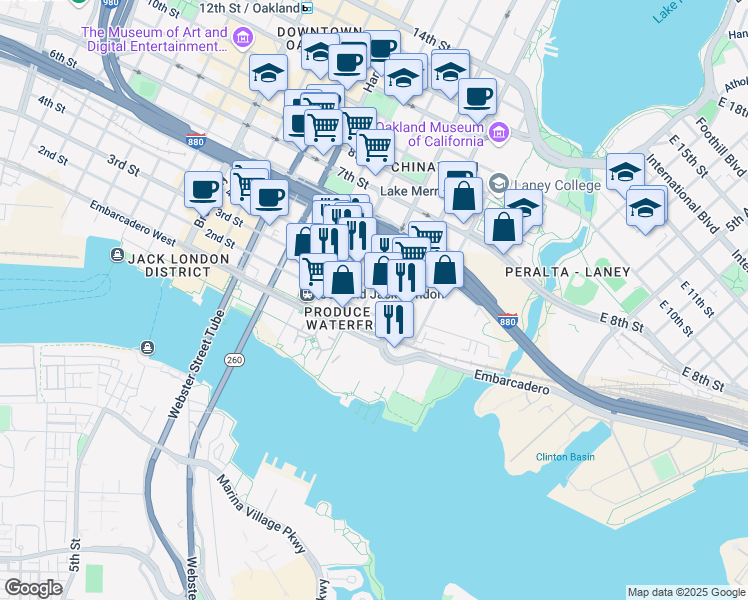 map of restaurants, bars, coffee shops, grocery stores, and more near 336 Madison Street in Oakland