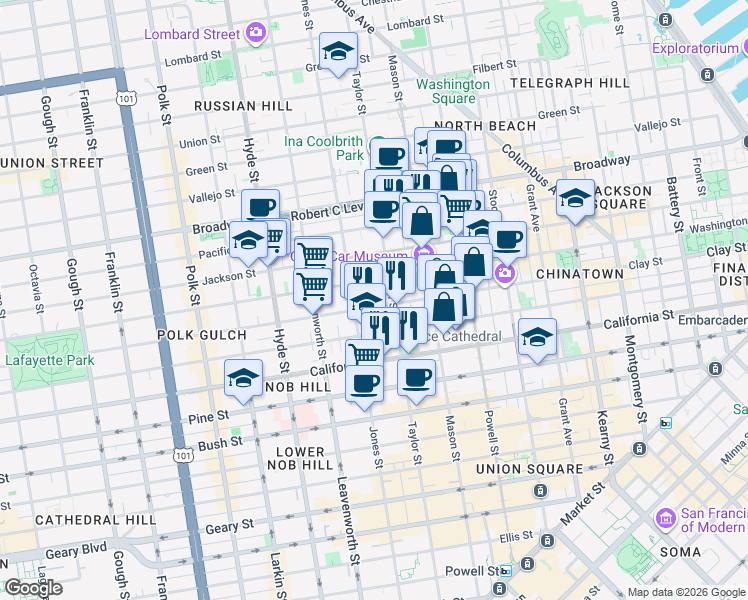 map of restaurants, bars, coffee shops, grocery stores, and more near 1235 Washington Street in San Francisco