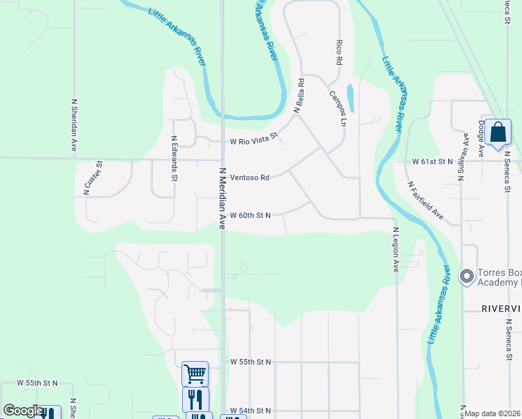 map of restaurants, bars, coffee shops, grocery stores, and more near 2230 West 60th Street North in Wichita