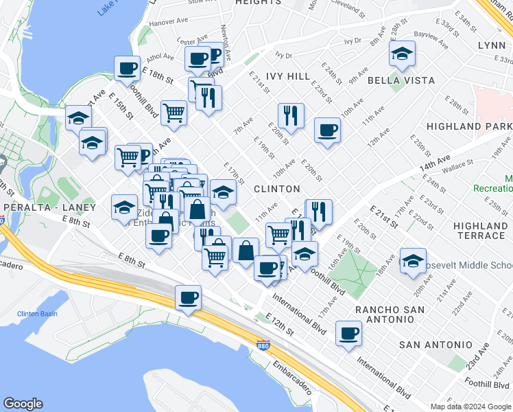 map of restaurants, bars, coffee shops, grocery stores, and more near 1021 East 17th Street in Oakland