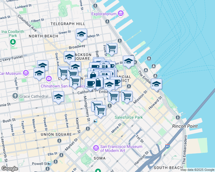 map of restaurants, bars, coffee shops, grocery stores, and more near 300 Battery Street in San Francisco