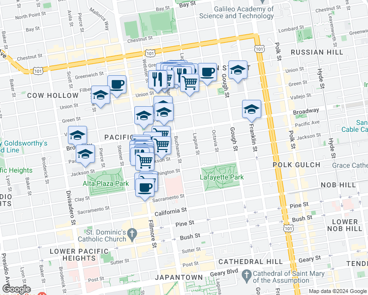 map of restaurants, bars, coffee shops, grocery stores, and more near 2173 Pacific Avenue in San Francisco