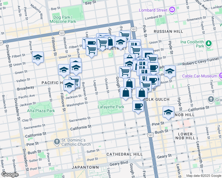map of restaurants, bars, coffee shops, grocery stores, and more near 1970 Jackson Street in San Francisco