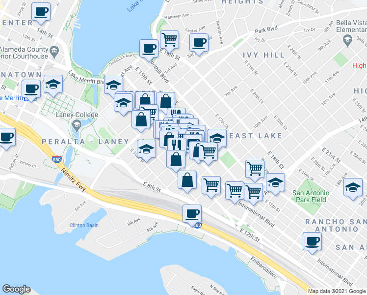 map of restaurants, bars, coffee shops, grocery stores, and more near 739 International Boulevard in Oakland