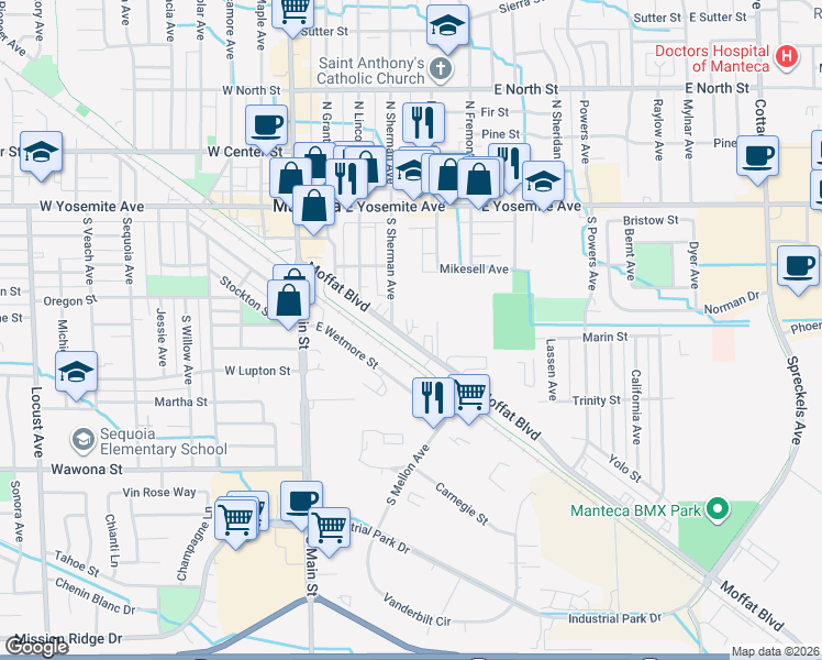 map of restaurants, bars, coffee shops, grocery stores, and more near 453 Moffat Blvd in Manteca