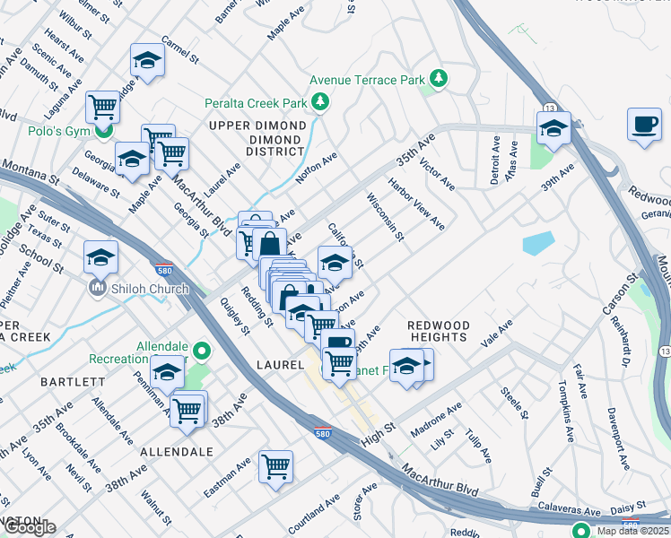 map of restaurants, bars, coffee shops, grocery stores, and more near 3743 Loma Vista Avenue in Oakland
