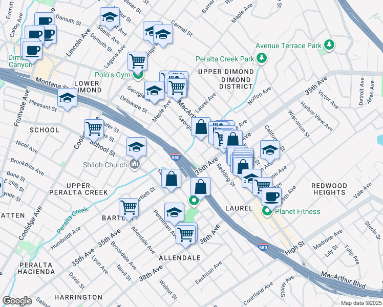 map of restaurants, bars, coffee shops, grocery stores, and more near 3275 Dakota Street in Oakland