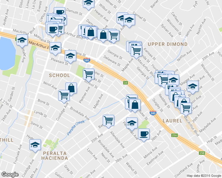 map of restaurants, bars, coffee shops, grocery stores, and more near 3201 Suter Street in Oakland
