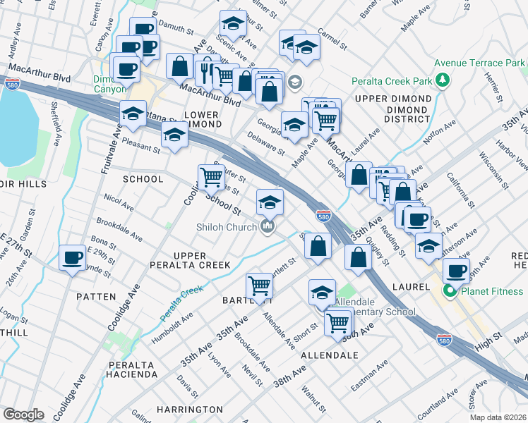 map of restaurants, bars, coffee shops, grocery stores, and more near 3201 Suter Street in Oakland