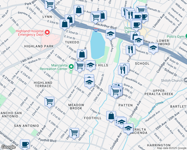 map of restaurants, bars, coffee shops, grocery stores, and more near 2370 Grande Vista Place in Oakland