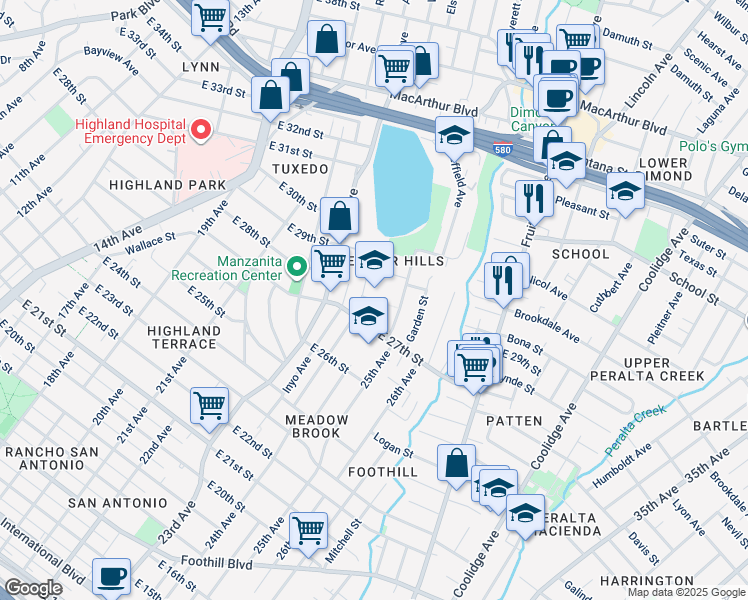 map of restaurants, bars, coffee shops, grocery stores, and more near 2370 Grande Vista Place in Oakland
