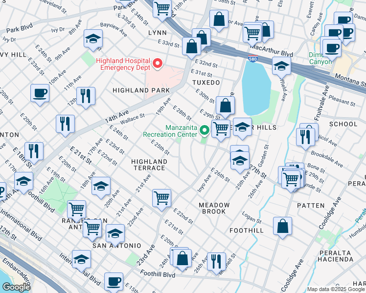 map of restaurants, bars, coffee shops, grocery stores, and more near 2544 21st Avenue in Oakland