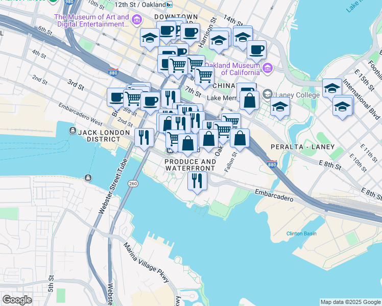 map of restaurants, bars, coffee shops, grocery stores, and more near in Oakland